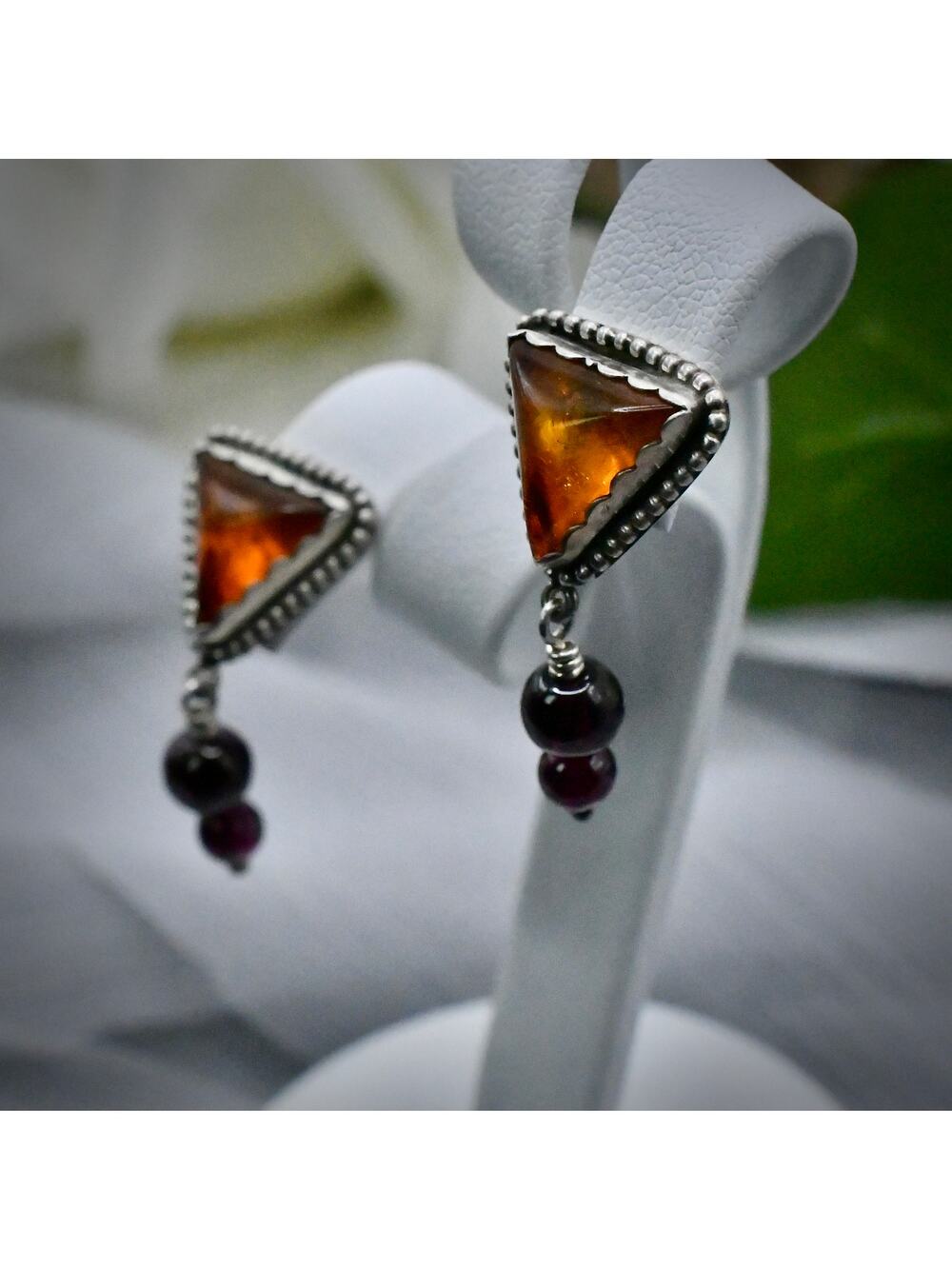 Vintage Sterling Silver Southwestern Cognac Amber Garnet Drop Earrings Signed JY